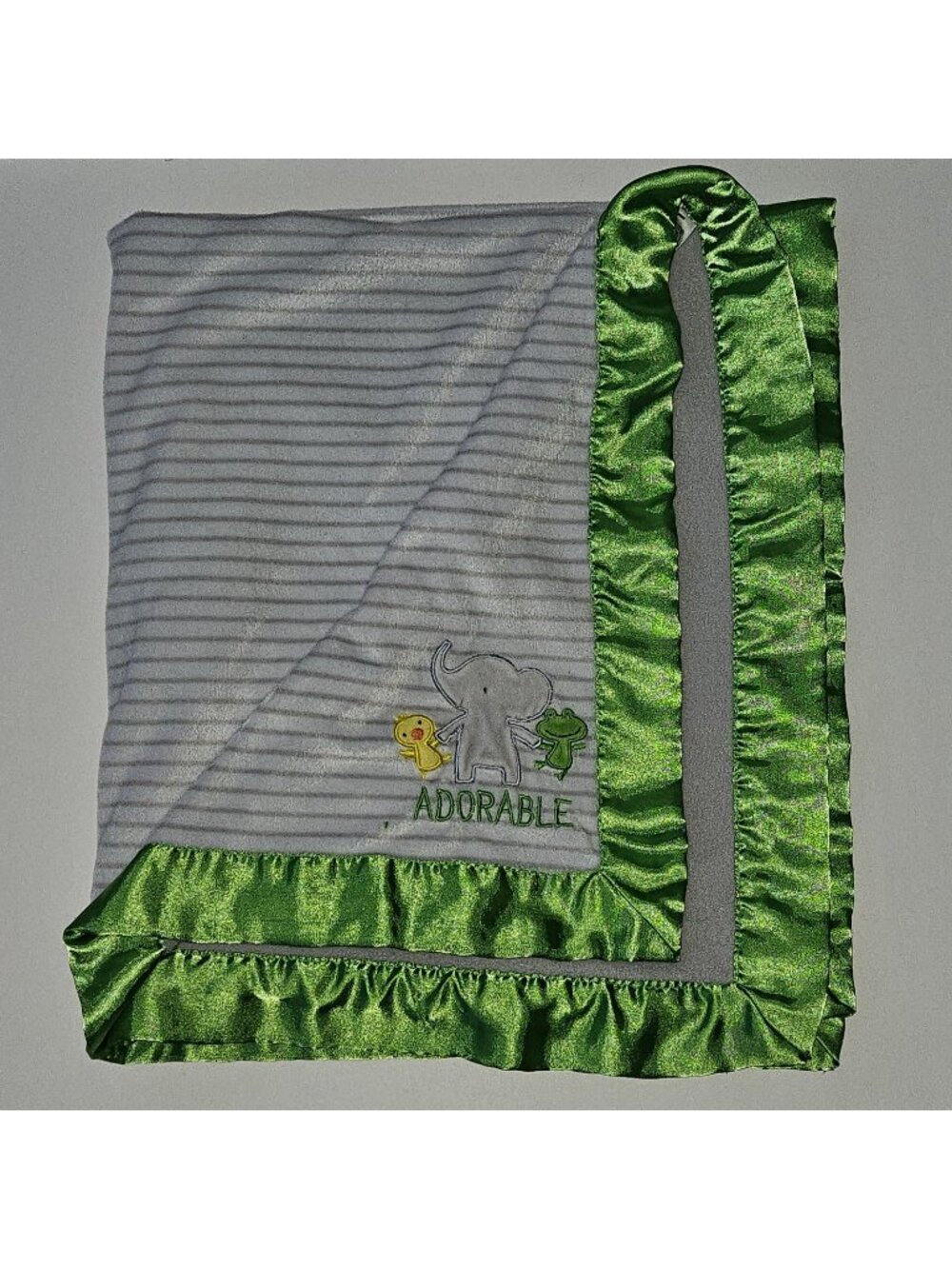 Carters Just One You ADORABLE Fleece Baby Blanket Green Satin Elephant Duck Frog